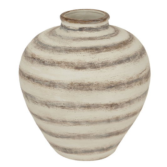 Textured cream vase with elegant brown stripes, featuring a refined silhouette and modern design, perfect for floral displays.
