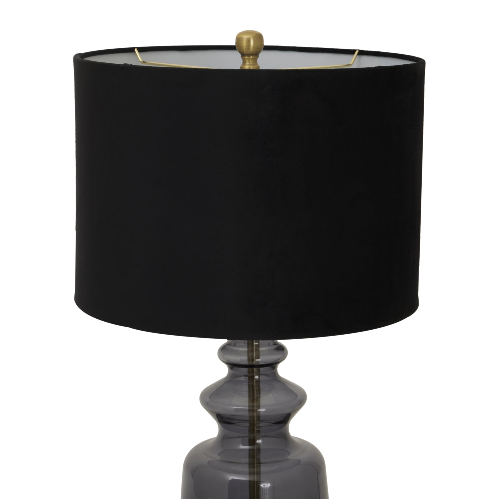 Elegant table lamp featuring a glass urn base and a luxurious black velvet shade, adding a sophisticated touch to any space.