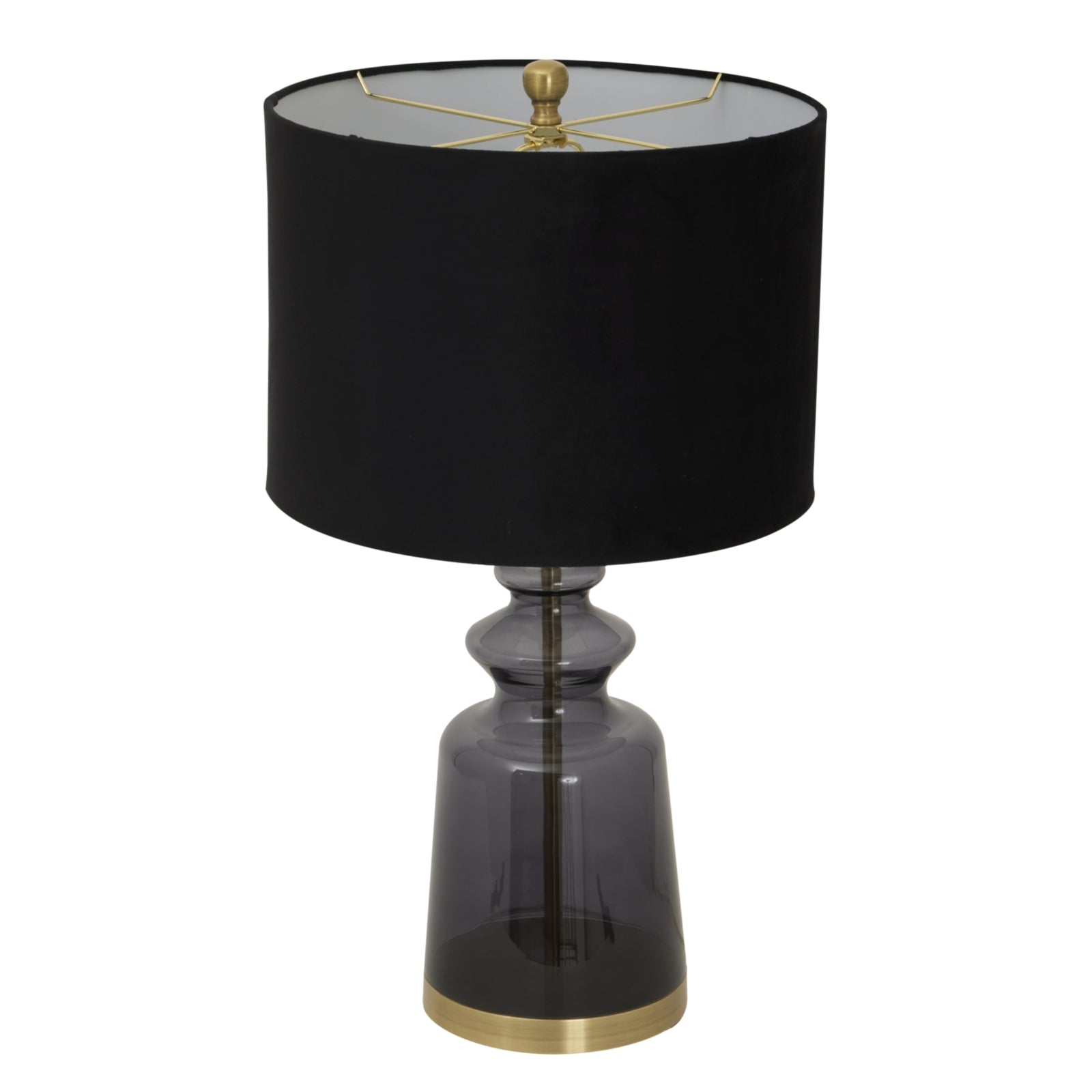 Glass urn lamp with a sleek black velvet shade and brass accents, exuding elegance and sophistication for any space.