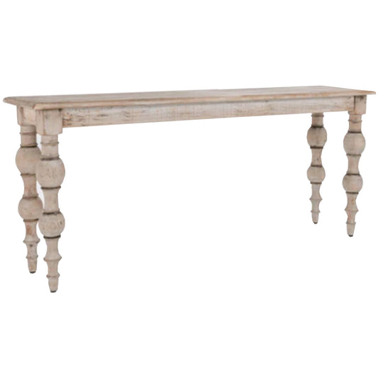 Rustic white console table with elegantly turned legs, showcasing refined craftsmanship and versatile style for any interior.