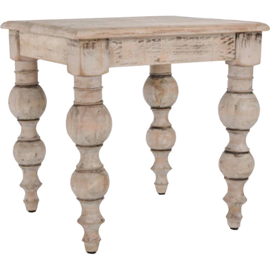 Square side table with weathered white wood finish; elegantly turned legs offer a rustic yet refined aesthetic.