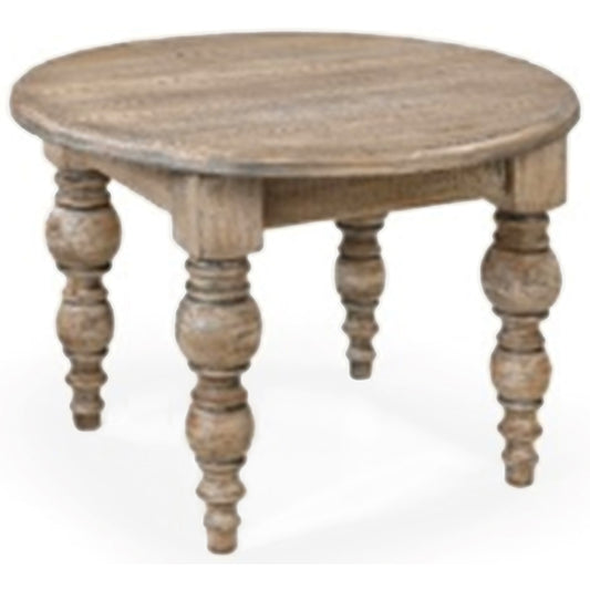 Round side table with a rustic wood finish, featuring elegantly turned legs and a simple, timeless design. Ideal for various interiors.