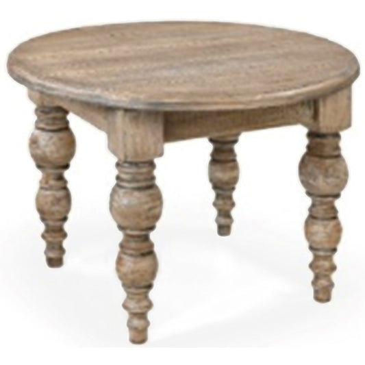 Round coffee table in light wood finish, featuring a sleek surface and elegantly turned legs, embodying minimalist sophistication.