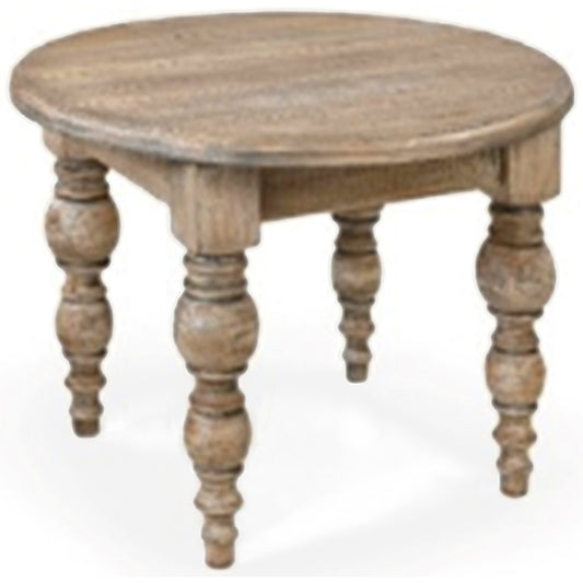 Round dining table with a rustic wood finish, featuring elegantly turned legs and a smooth, inviting surface. Perfect for any décor.