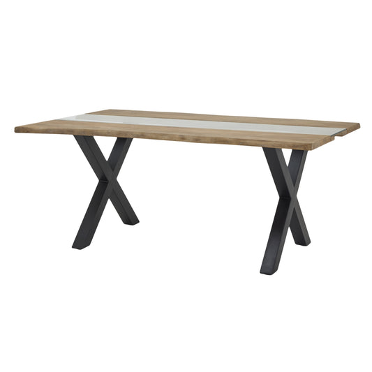 Light acacia river dining table with organic grain patterns, rustic edges, and sleek black X-shaped legs, enhancing any decor.