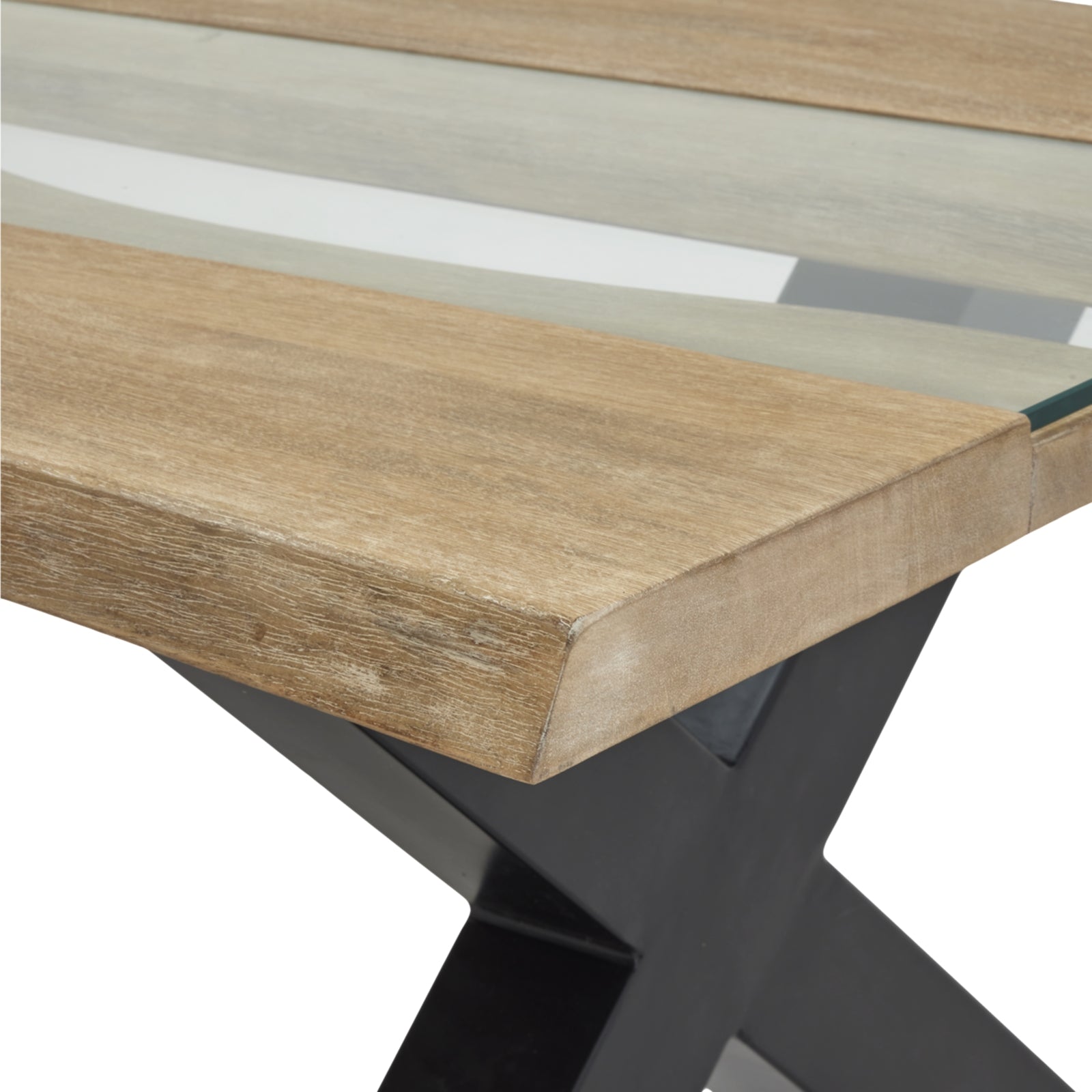 Light acacia coffee table featuring flowing river-like patterns and clear resin inlays, supported by a sleek black base.