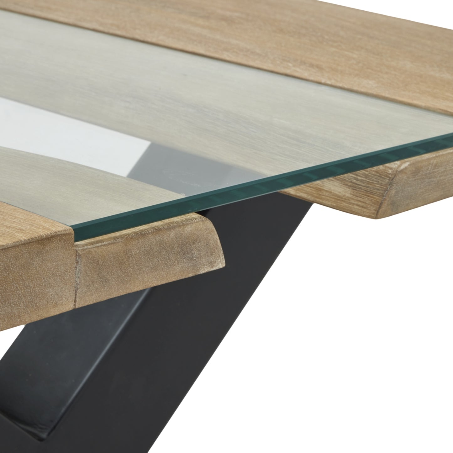 Light acacia wood coffee table with flowing river-like patterns and clear resin inlays, featuring a sleek black base.