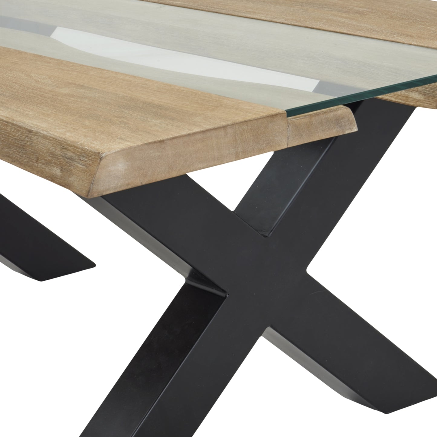 Light acacia coffee table with flowing river-like patterns and clear resin inlays, featuring a bold black X-base for support.