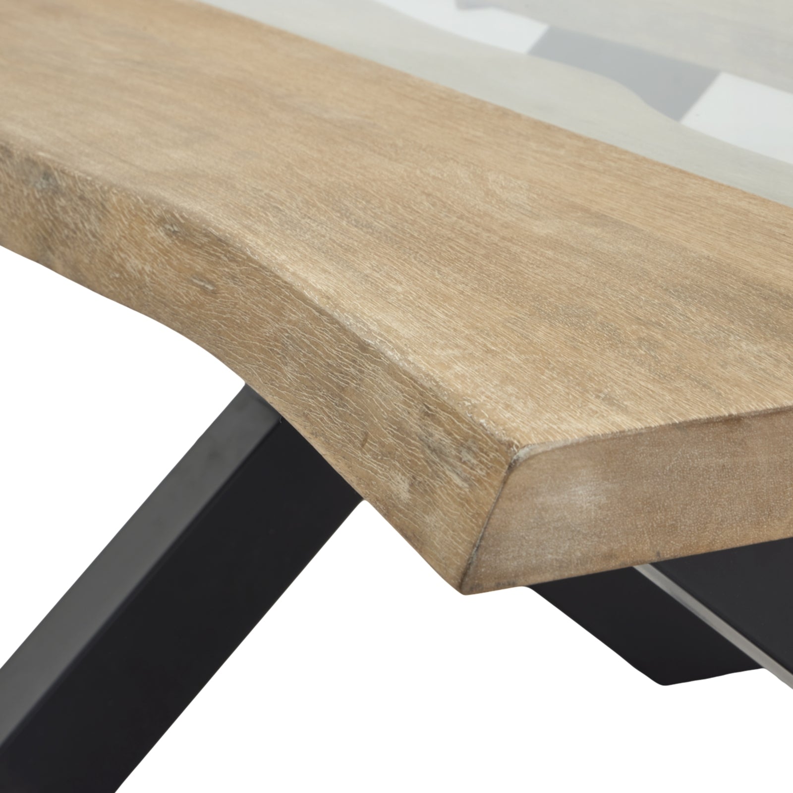 Light acacia wood coffee table with organic river-like patterns and clear resin inlays, featuring a sleek black metal base.