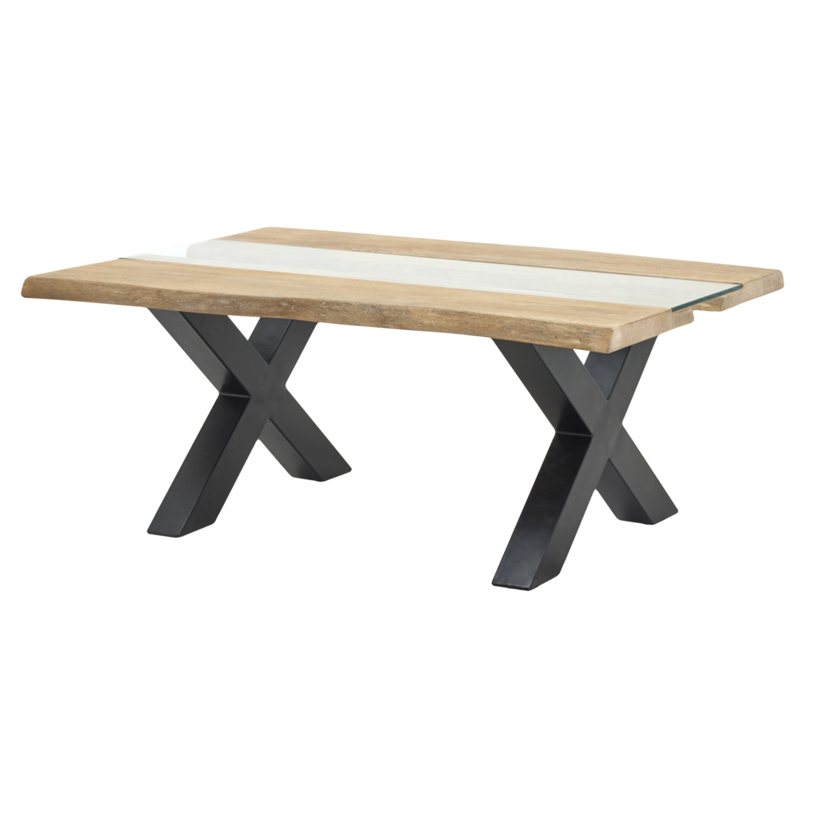 Light acacia wood coffee table with organic river patterns and clear resin, supported by stylish black X-shaped legs.