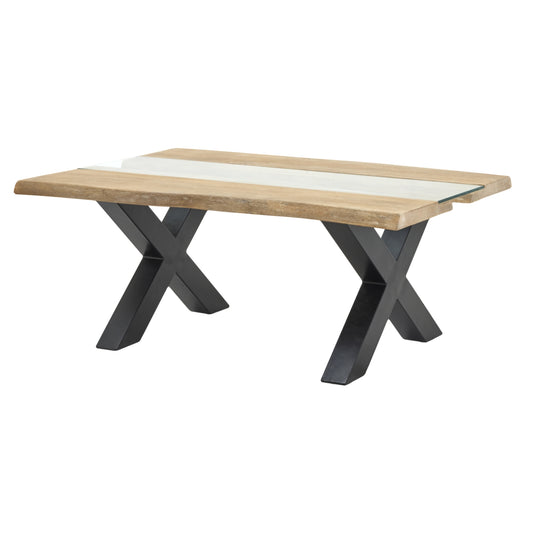 Light acacia wood coffee table with organic river patterns and clear resin, supported by stylish black X-shaped legs.