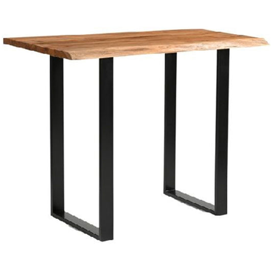 Light acacia wood bar table with a distinctive live edge design, featuring a natural wood top and sleek black metal legs.