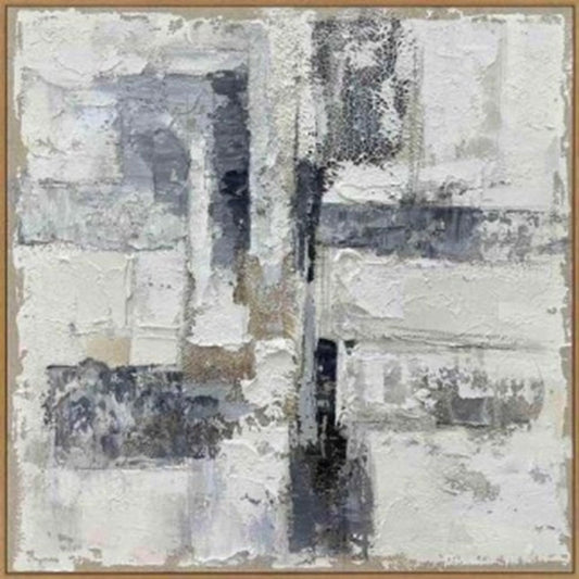 Hand-painted canvas artwork featuring a textured composition in shades of gray, white, and subtle beige, framed elegantly.