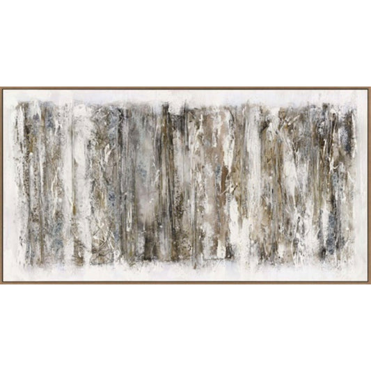Ethereal hand-painted canvas artwork in a sleek frame, featuring abstract and realistic tones of gray, white, and gold.