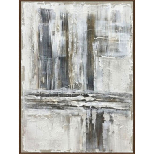 Hand-painted canvas featuring dynamic gray, white, and beige strokes, elegantly framed, enhancing modern and luxurious interiors.