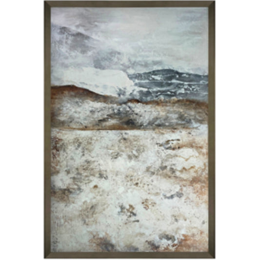 Hand-painted canvas artwork featuring blended earthy tones of gray, beige, and brown in a sleek frame, exuding elegance.