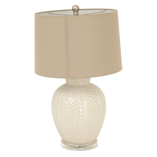 White ceramic table lamp with intricate twill weave pattern and a beige linen shade, perfect for elegant home décor.