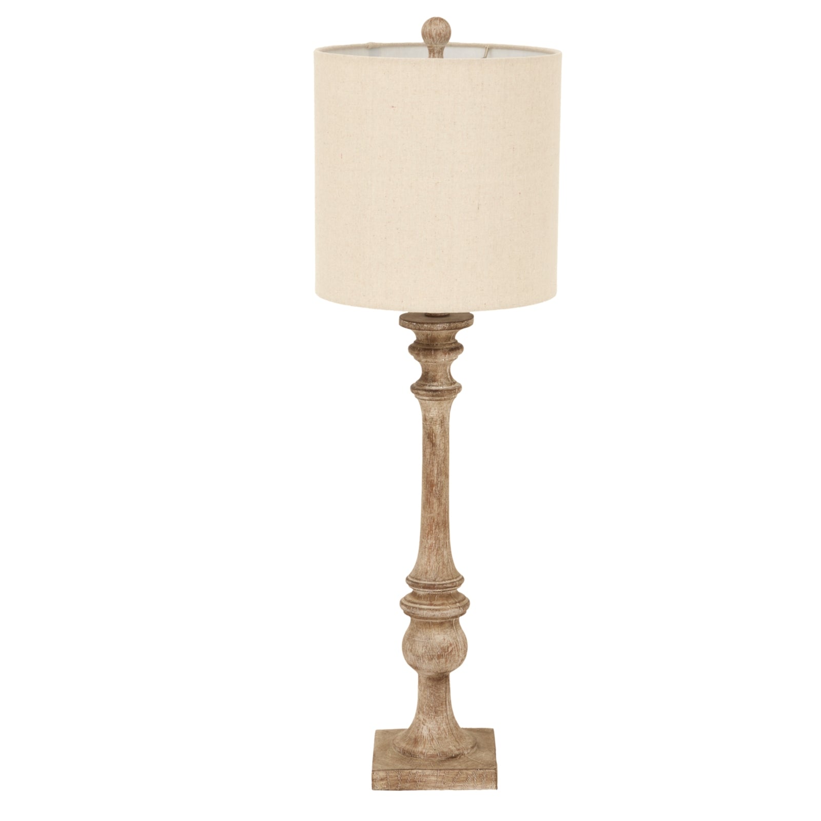 Pallido candlestick table lamp features a refined, distressed wood base and a soft linen shade, perfect for ambient lighting.