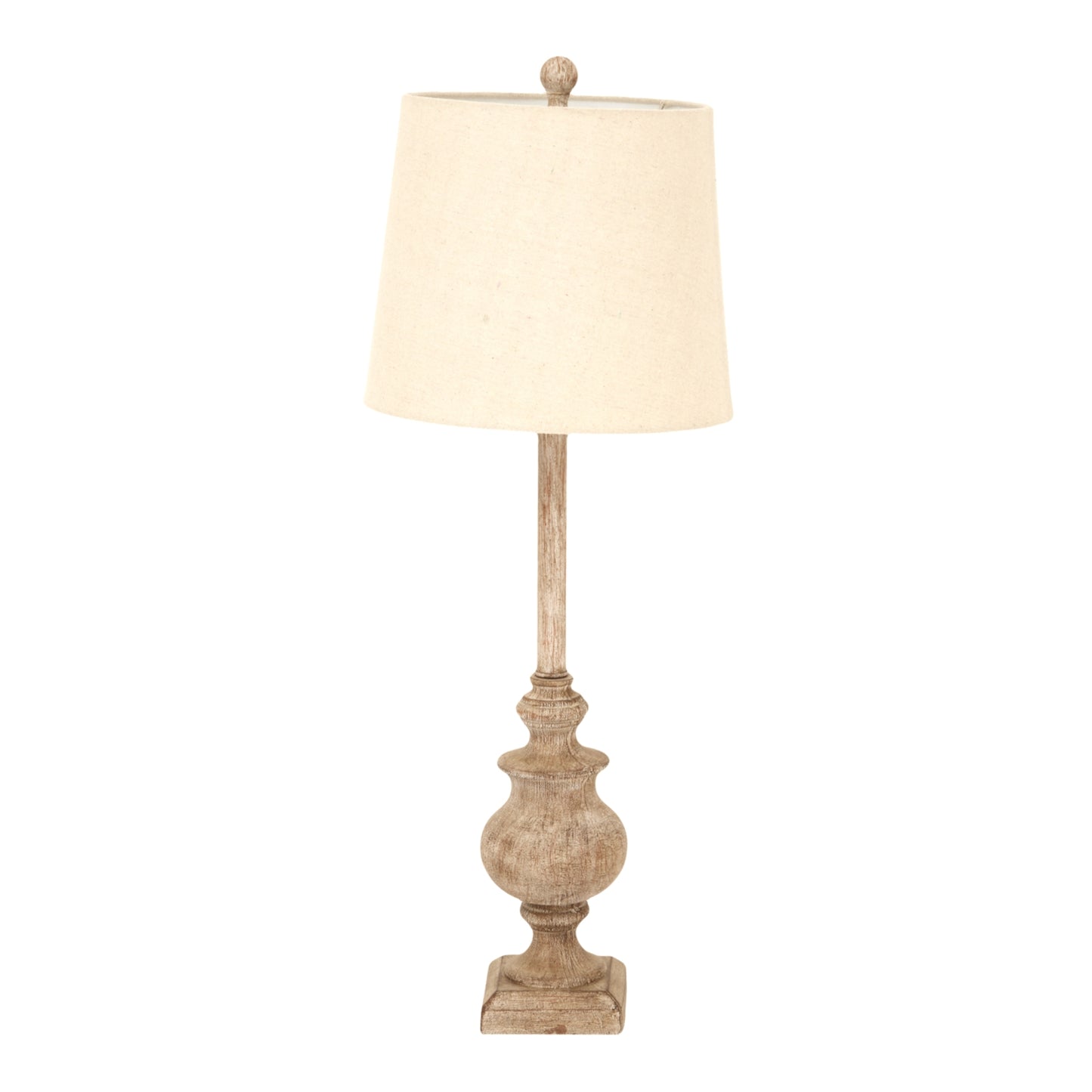 Red candlestick table lamp with a neutral linen shade, featuring a statuesque silhouette and elegant craftsmanship.