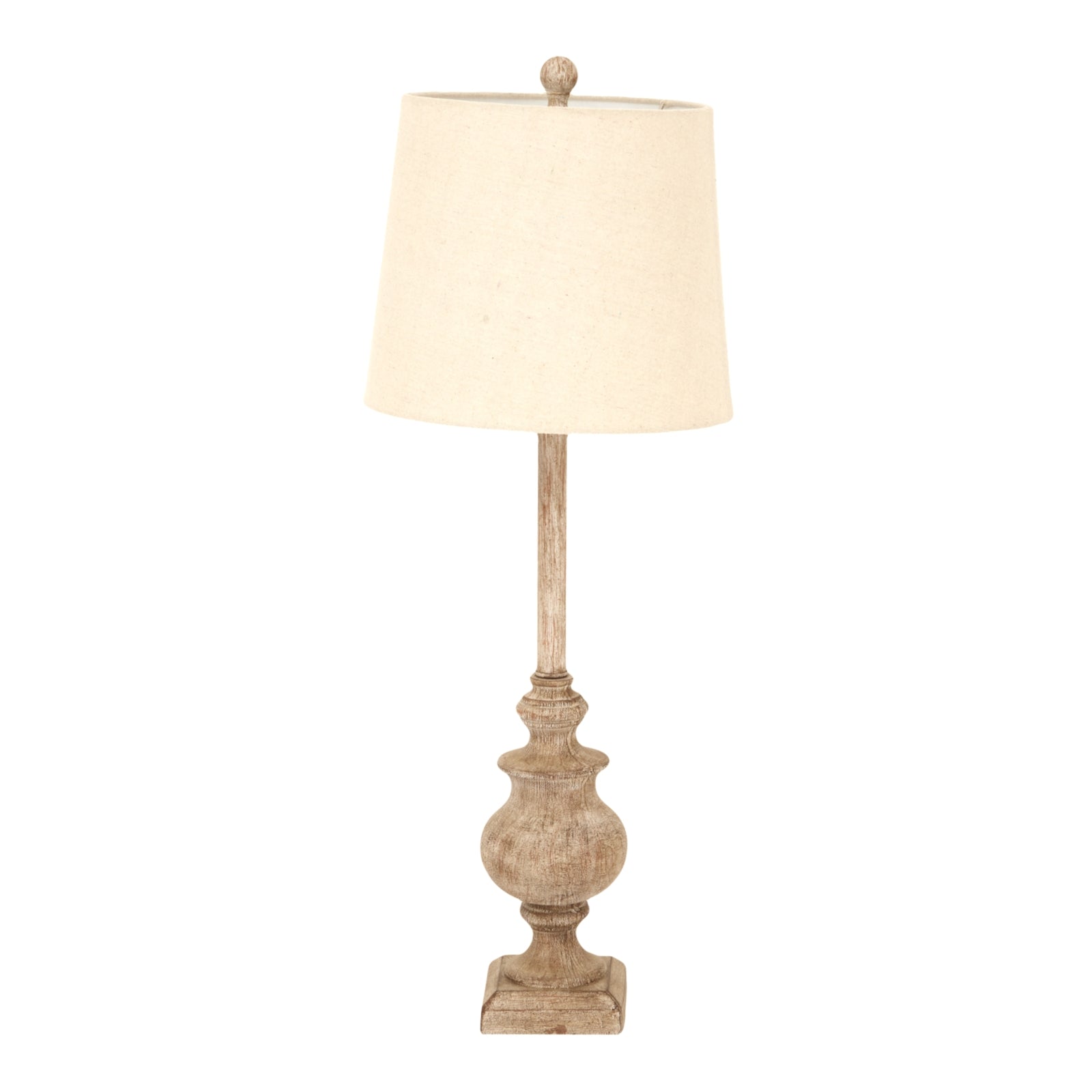 Red candlestick table lamp with a neutral linen shade, featuring a statuesque silhouette and elegant craftsmanship.