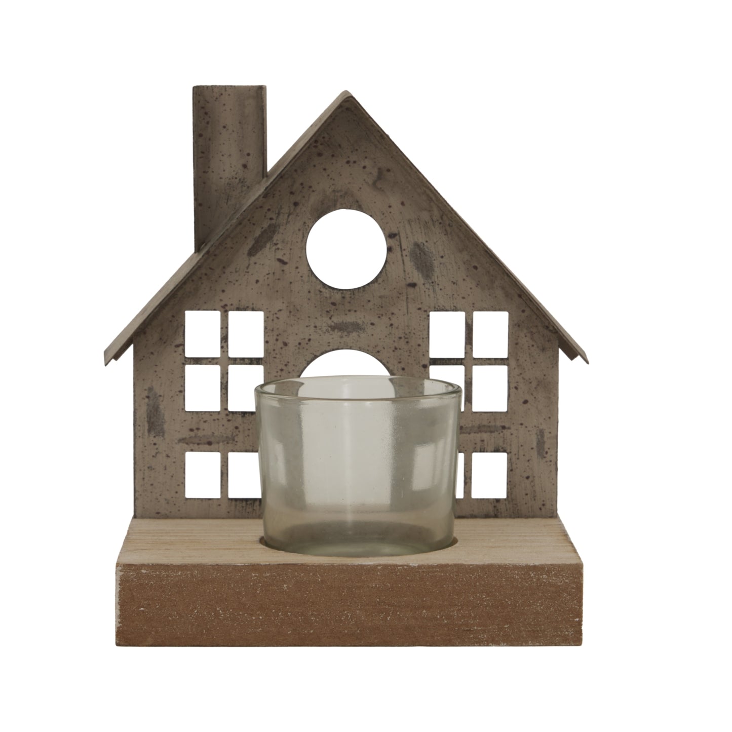 Rustic Metal House Tealight On Wood Stand With Glass Votive - Christmas Candles & Candle Accessories from the Quanta Home collection.