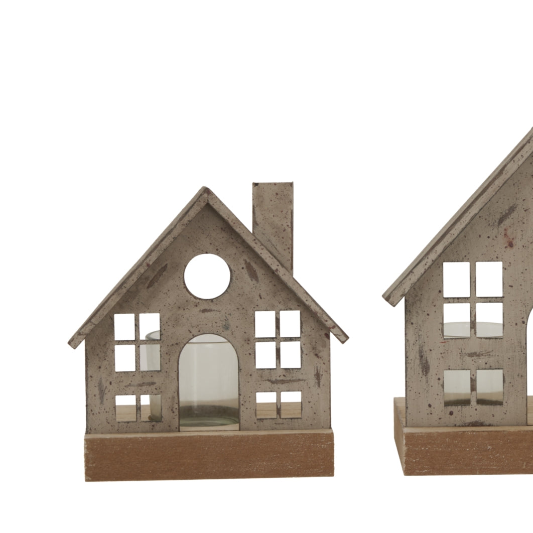 Rustic Metal House Tealight On Wood Stand With Glass Votive - Christmas Candles & Candle Accessories from the Quanta Home collection.