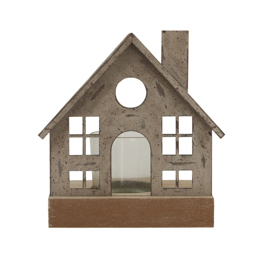 Rustic Metal House Tealight On Wood Stand With Glass Votive - Christmas Candles & Candle Accessories from the Quanta Home collection.