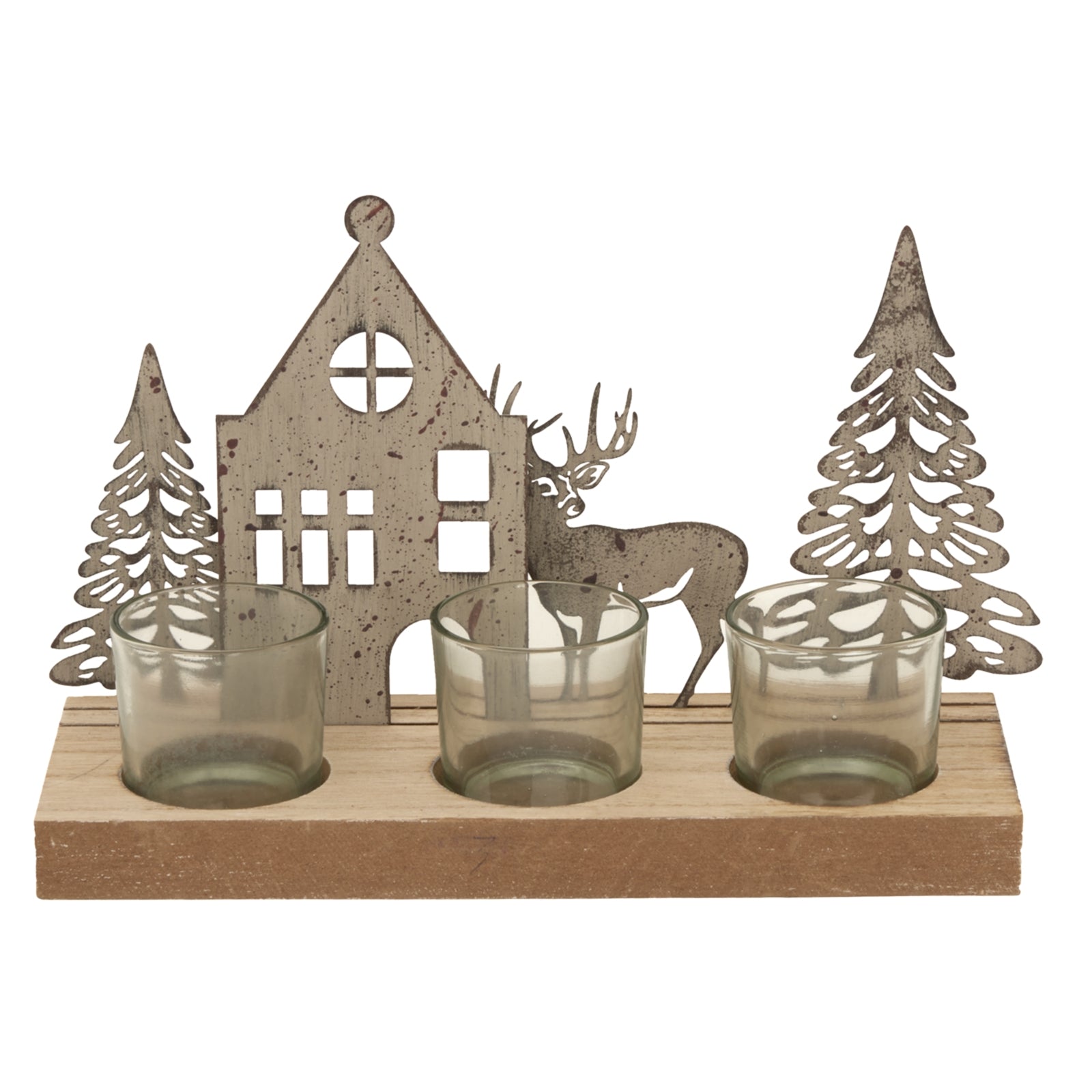 Rustic Metal Scene Tealight On Wood Stand With Glass Votives - Christmas Candles & Candle Accessories from the Quanta Home collection.