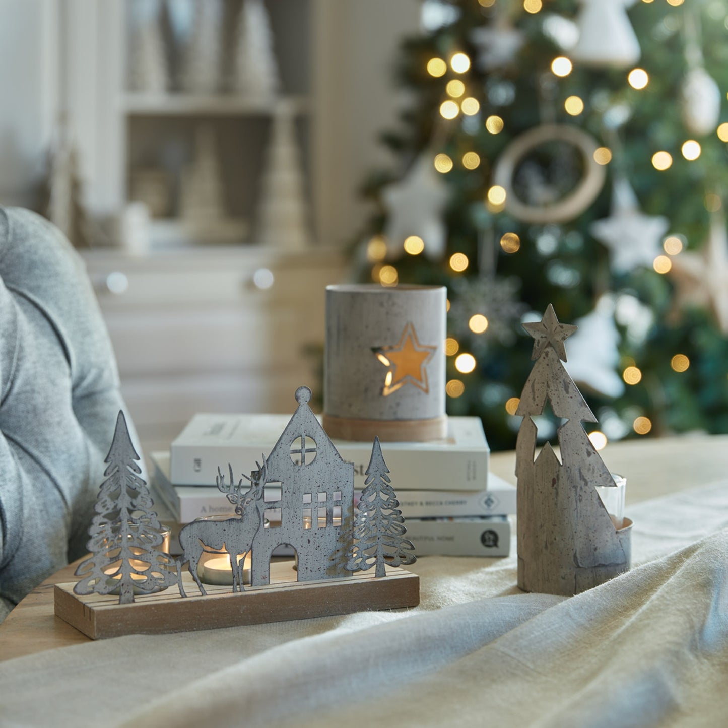 Rustic Metal Scene Tealight On Wood Stand With Glass Votives - Christmas Candles & Candle Accessories from the Quanta Home collection.