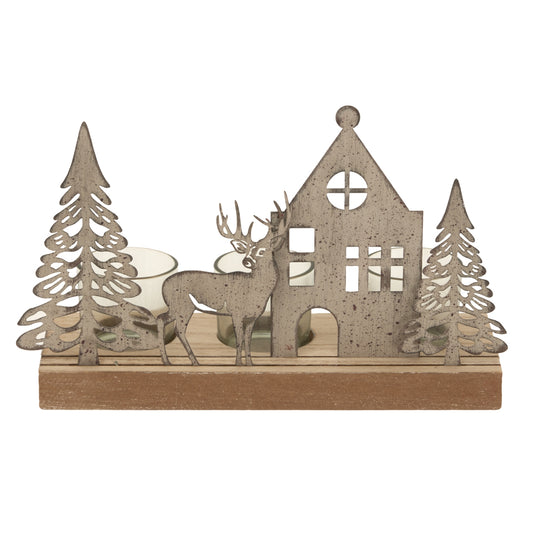 Rustic Metal Scene Tealight On Wood Stand With Glass Votives - Christmas Candles & Candle Accessories from the Quanta Home collection.
