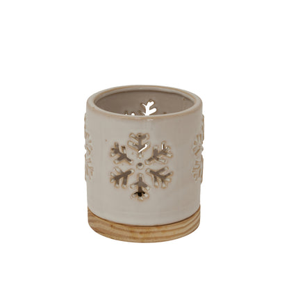 Alora Ceramic Snowflake Candle Holder On Wood Base - Christmas Candles & Candle Accessories from the Quanta Home collection.