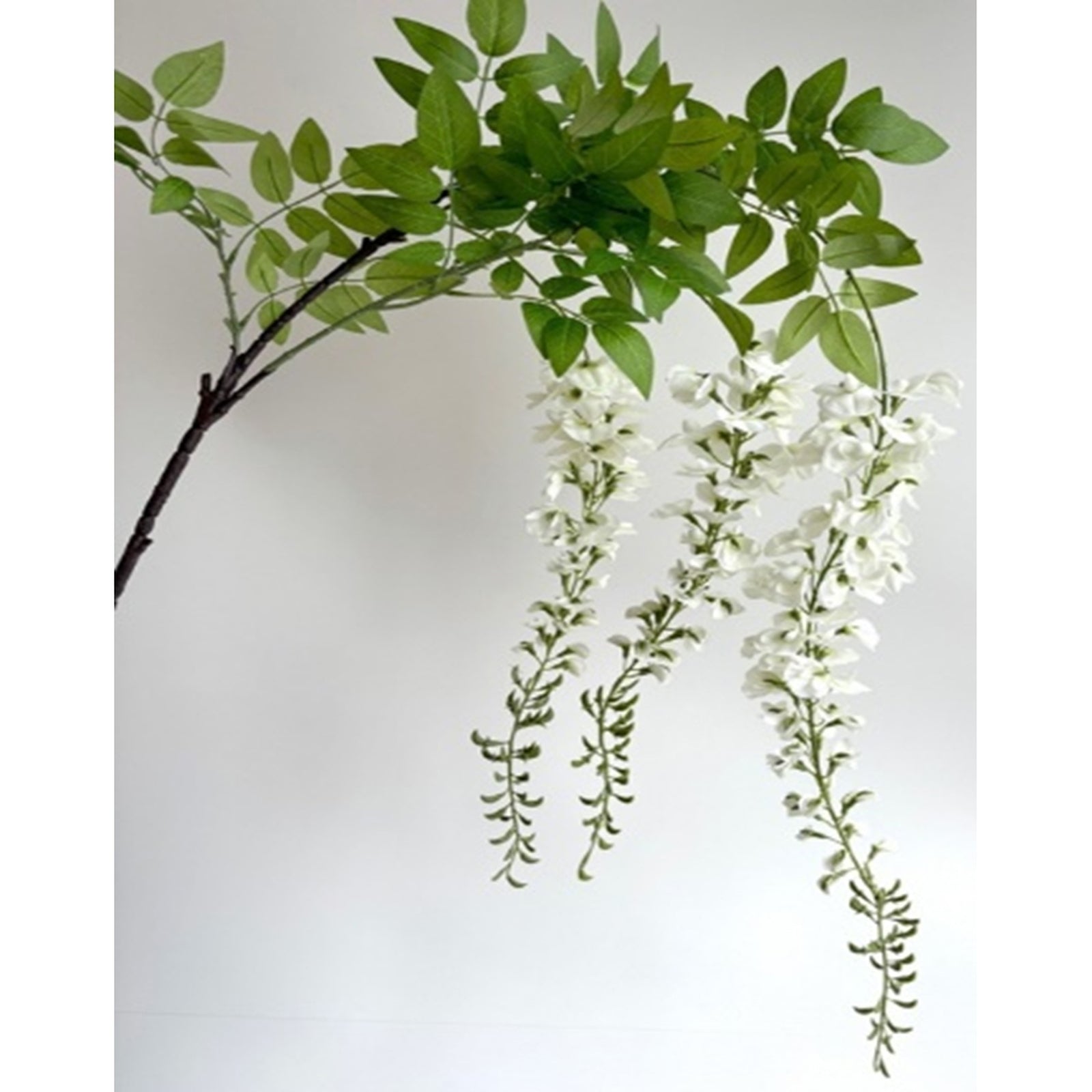 Large white wisteria spray with cascading blossoms and green leaves, perfect for elegant decor in various settings.
