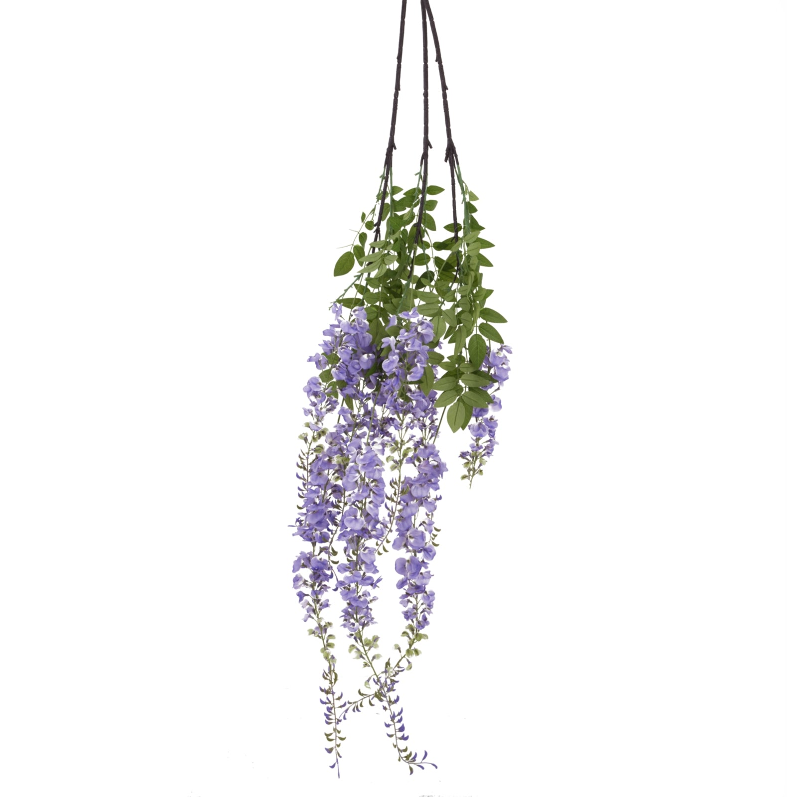 Large artificial wisteria spray featuring cascading purple blooms and lush green leaves, measuring 180cm for impactful decor.