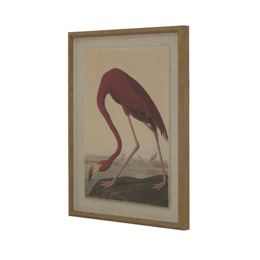 Framed artwork featuring a striking red flamingo on a natural linen background, elegantly bordered by a beaded frame.