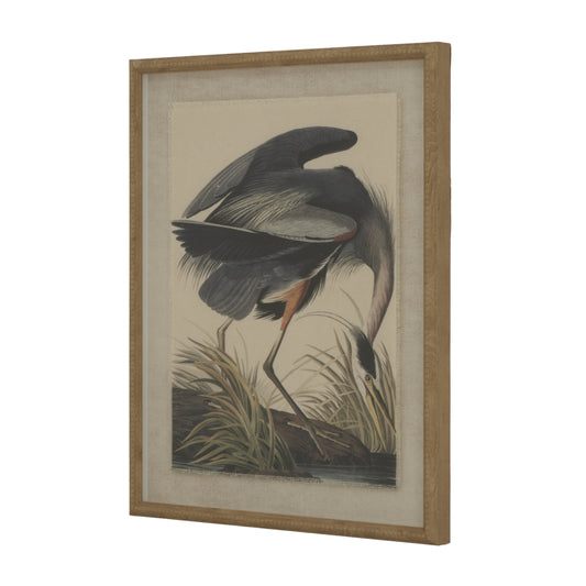 A graceful heron stands poised among tall grasses, showcased on natural linen within an elegant beaded frame.