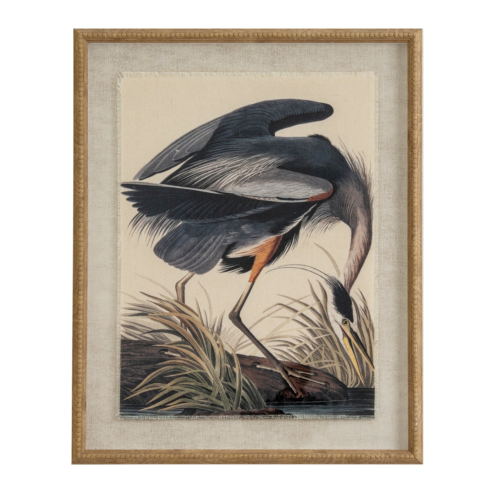 Flora & Fauna Collection Heron On Linen In Beaded Frame - Printed Art from the Quanta Home collection.
