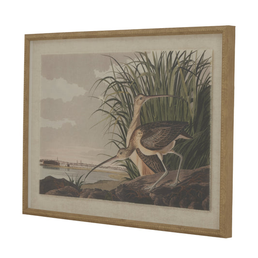 Curlews depicted in detailed artwork on textured linen, framed in a beaded, luminous red frame, evoking coastal elegance.