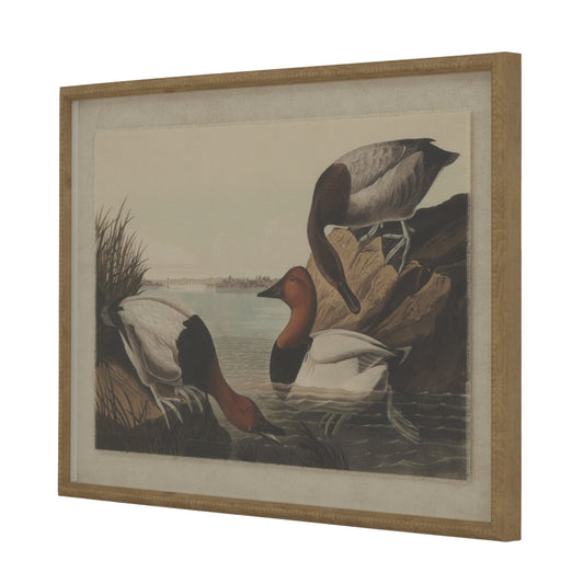 Botanical and wildlife artwork featuring three ducks by water, framed in a delicate beaded design on natural linen.