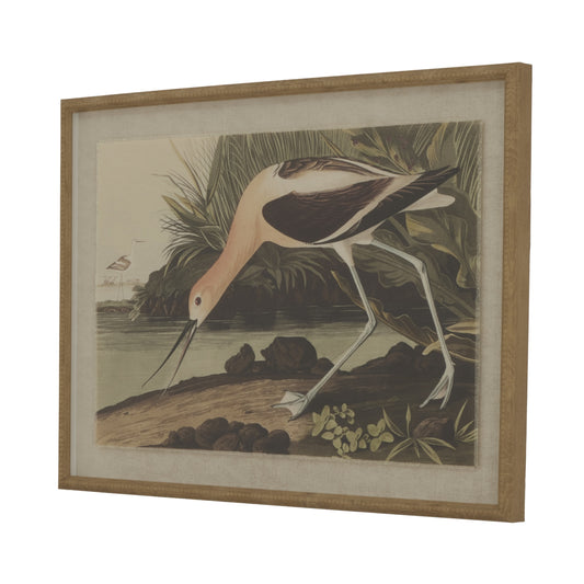 Botanical artwork of an avocet on a natural linen background, framed in an elegant beaded wood frame. Predominantly earthy tones.