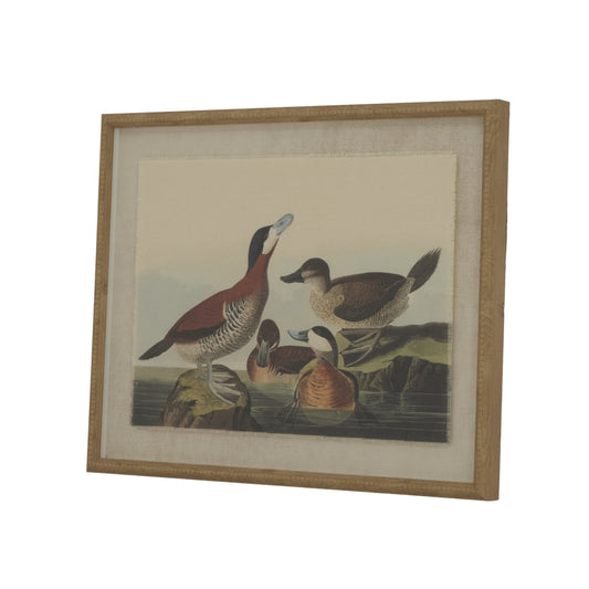 Colorful ducks illustrated on linen, framed in a luxurious beaded border, showcasing rustic elegance and natural beauty.