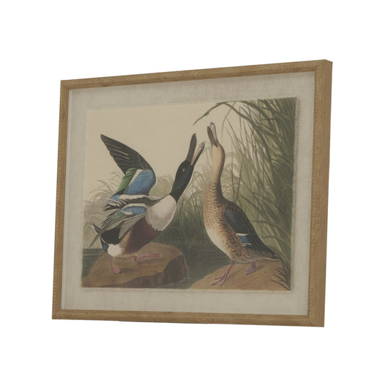 Illustration of a colorful mallard couple on linen, framed in a textured beaded frame, blending natural charm with elegance.