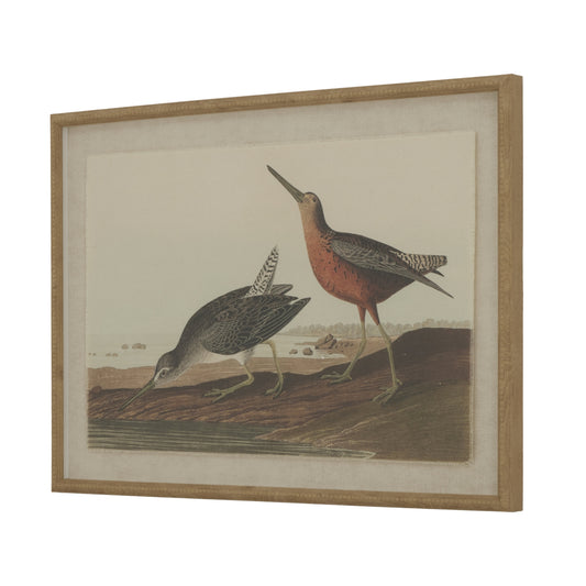 Two detailed, elegantly illustrated birds in a natural setting are framed in a luxurious beaded frame, showcasing soft colors.