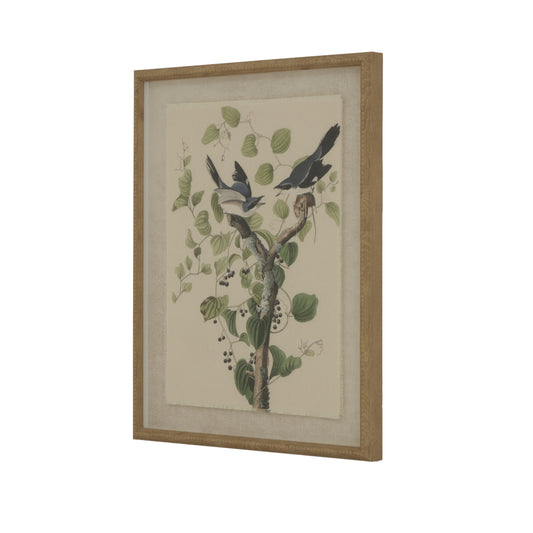 Delicate shrikes perched on a leafy branch, framed in a refined beaded border, exuding timeless elegance on natural linen.