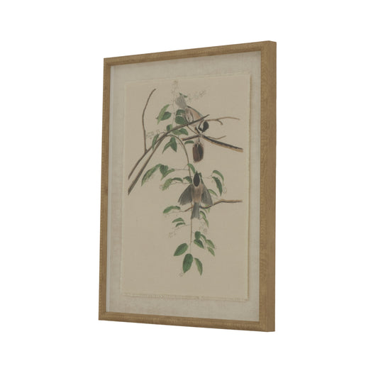 Delicate chickadees on fine linen, framed in an elegant beaded border, creating a serene nature-inspired decor piece.