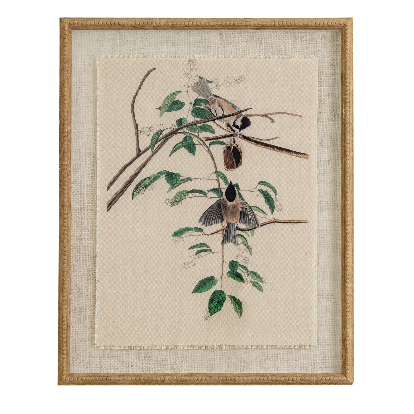 Flora & Fauna Collection Chickadees On Linen In Beaded Frame - Printed Art from the Quanta Home collection.