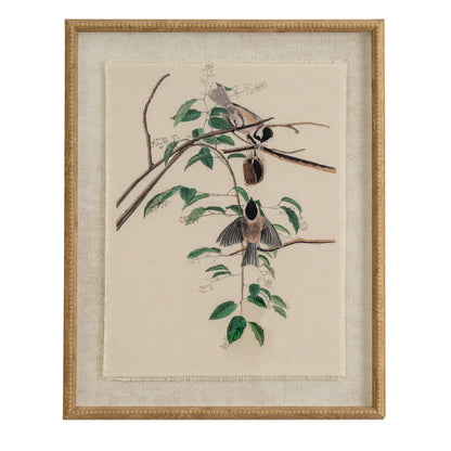 Flora & Fauna Collection Chickadees On Linen In Beaded Frame - Printed Art from the Quanta Home collection.