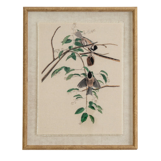 Flora & Fauna Collection Chickadees On Linen In Beaded Frame - Printed Art from the Quanta Home collection.