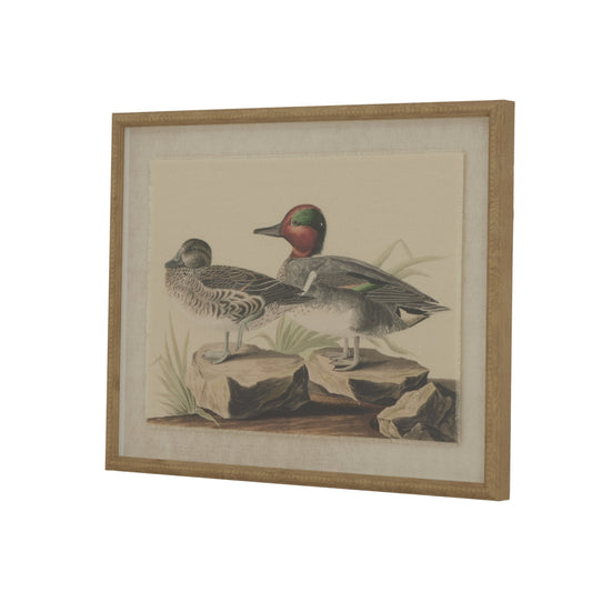 Intricate waterfowl illustration on natural linen in an elegant beaded frame, showcasing a serene, refined aesthetic.