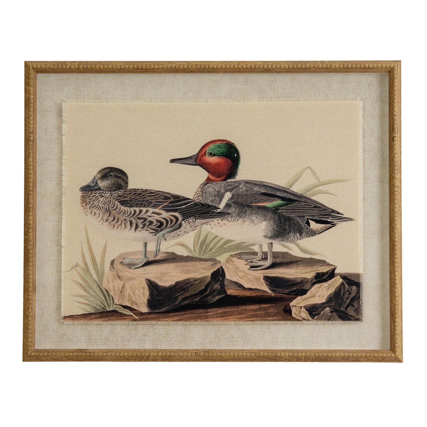 Flora & Fauna Collection Teals On Linen In Beaded Frame - Printed Art from the Quanta Home collection.