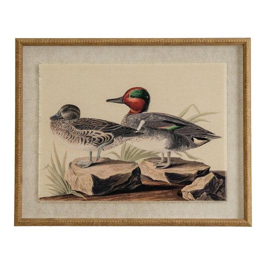 Flora & Fauna Collection Teals On Linen In Beaded Frame - Printed Art from the Quanta Home collection.